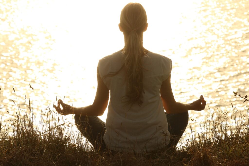 meditate, woman, yoga, zen, meditating, relax, relaxing, wellness, yoga pose, nature, meditation, peaceful, silhouette, sunset, tranquil, calm