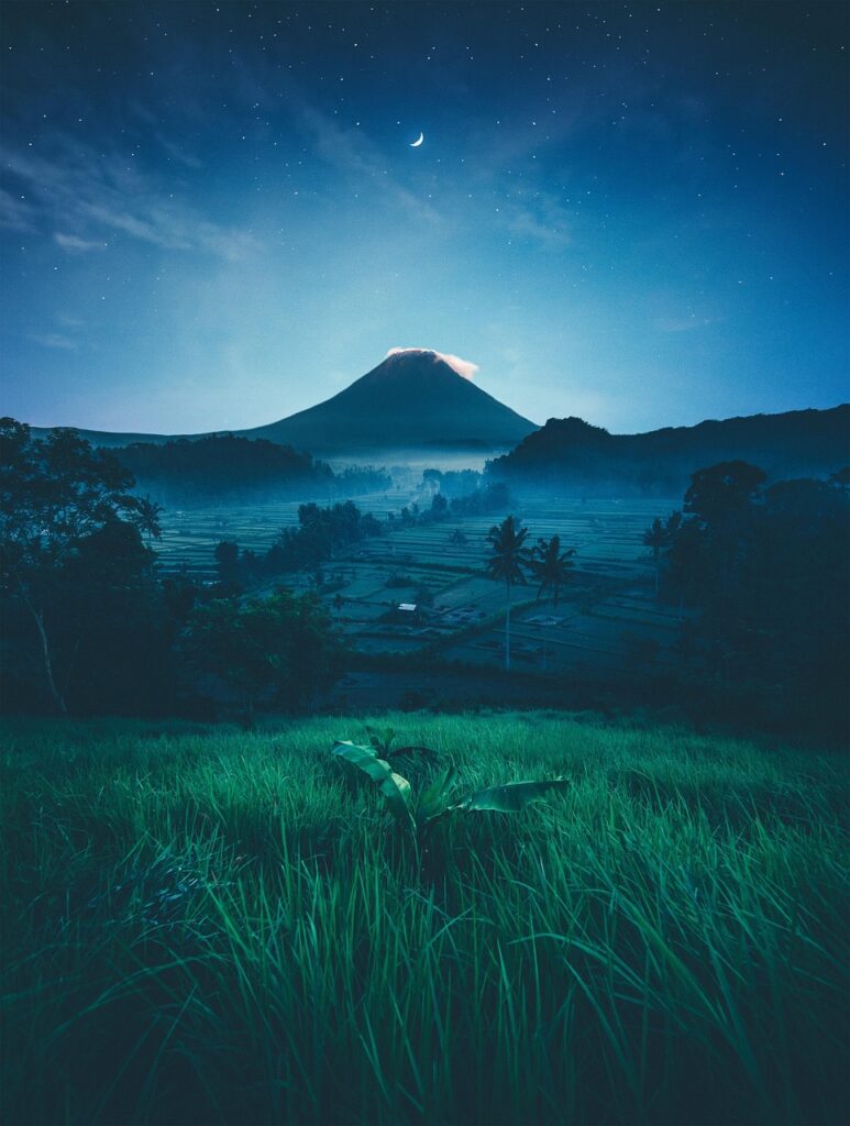 mountain, beautiful wallpaper, ipad wallpaper, mobile wallpaper, valley, night, nature, wallpaper, moon, stars, bali, lock screen wallpaper, phone wallpaper, indonesia, landscape, mobile wallpaper 4k, background, samsung wallpaper, iphone wallpaper